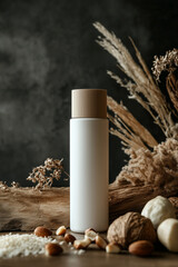 White and beige matte cosmetic bottle on dark gray background, surrounded by macadamia nuts and natural ingredients.