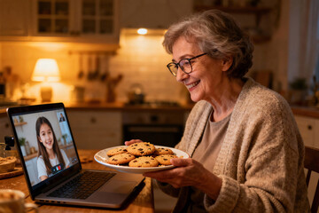 Warm grandmother offering homemade cookies during online video call with granddaughter on laptop, cozy kitchen evening light, authentic family connection scene