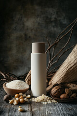 White and beige matte cosmetic bottle on dark gray background, surrounded by macadamia nuts and natural ingredients.