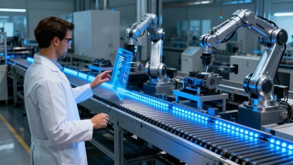 Professional technician manipulates advanced holographic control panel managing robotic production line with sophisticated digital interface and LED illumination in high-tech industrial environment. - Powered by Adobe
