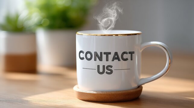 A white mug with black text reading CONTACT US placed on a wooden surface. In the background, there are potted plants adding a touch of greenery to the scene.