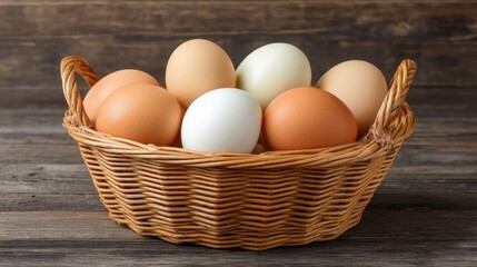Fresh Farm Eggs in a Natural Woven Basket on Rustic Wooden Table for Culinary and Farm Fresh Food Inspiration