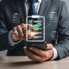 Businessman touches digital social network icon on a virtual touchscreen interface
