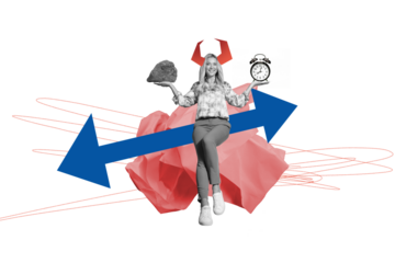 Composite photo collage of happy girl boss wear devil horns crumpled paper rock alarm deadline arrow down up isolated on painted background