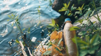 Plastic bottle polluting a sparkling river on a sunny day outdoors