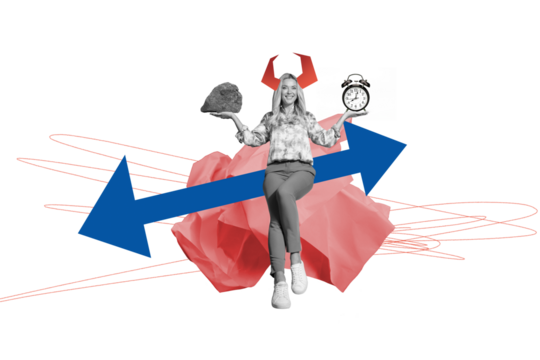 Composite photo collage of happy girl boss wear devil horns crumpled paper rock alarm deadline arrow down up isolated on painted background
