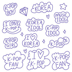 Colorful set of doodle-style clouds with handwritten phrases expressing love for K-pop, Korean idols, music culture. Flat design illustration youth-themed designs, fan art, and pop culture projects.