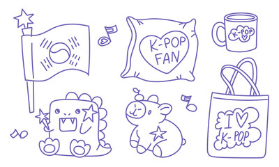 Doodle set of fan items for K-pop idols soft toys, dragon, capybara, shopper bag, mug, pillow, Korean flag with love quotes. Purple items. Great for merch, posters, fan art, pop culture designs.