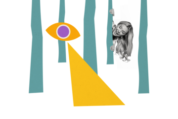 Composite artwork sketch image collage of draw painting eye spy surveillance outdoors play game hide and seek woman smile face long hair