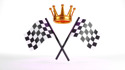 3D rendering of checker crossed flag pair, waving checker flags to crown a champion or the winner of a race on a white background