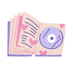 Album with a disk from a music band, fan support for Korean K-pop celebrities. Flat color isolated illustration with texture. Book with disk for listening. Support. Youth fashion. Love for South Korea
