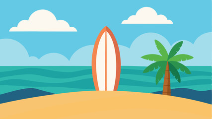 A beach scene with a surfboard propped in the sand illustrating ocean adventures and relaxation.