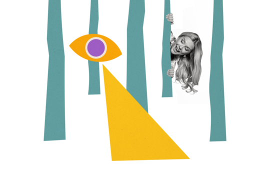 Composite artwork sketch image collage of draw painting eye spy surveillance outdoors play game hide and seek woman smile face long hair - Powered by Adobe