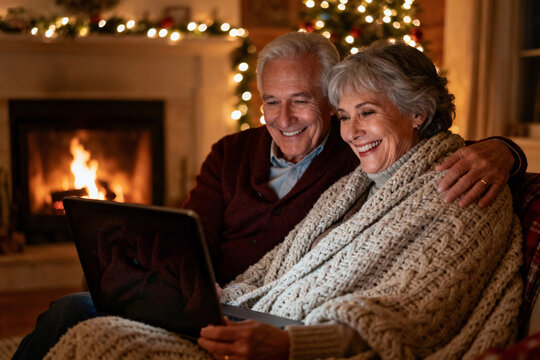 Smiling elderly grandparents connect with grandchildren via video call on tablet, sitting together by glowing fireplace, warm soft holiday lights, authentic family atmosphere
