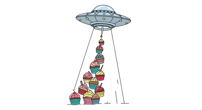 Illustration of a ufo abducting a stack of cupcakes with a beam of light on a white background scene