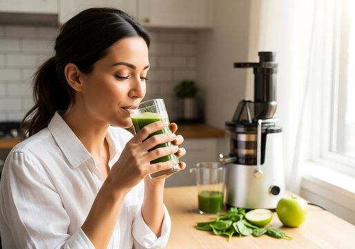 A woman is drinking a glass of fresh green juice in a kitchen, with a juicer and ingredients like spinach and apples on the table - Powered by Adobe