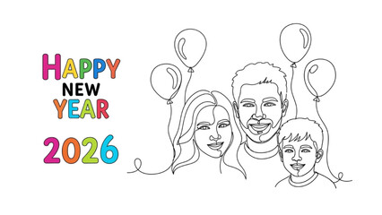 Continuous Line Drawing of Family Holding Balloons with Happy New Year 2026 Text – Minimalist Celebration Art