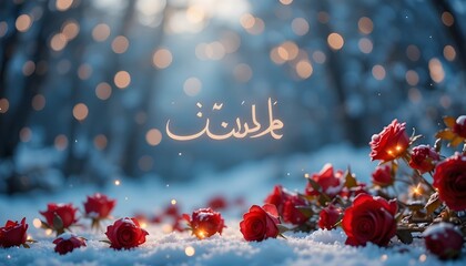 Red roses and fairy lights with Urdu calligraphy of ‘محبت’ glowing softly in snow background"