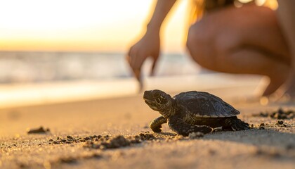 A baby sea turtle crawls toward ocean at sunset. Person's hand guides