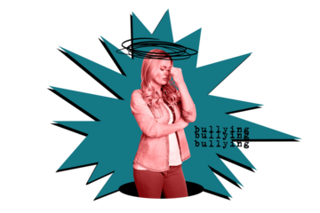 Composite photo collage of upset girl bullying concept cry hold head offended depressed concept problem isolated on painted background