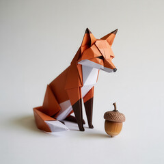 Folded paper fox sitting beside a small acorn on clean white surface
