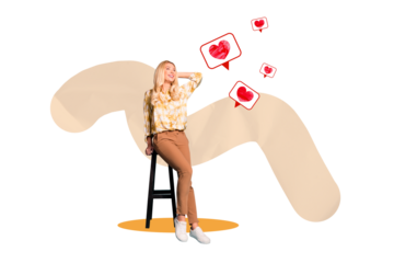 Creative collage young woman valentine day notification social media message love heart icon holiday positive mood celebration