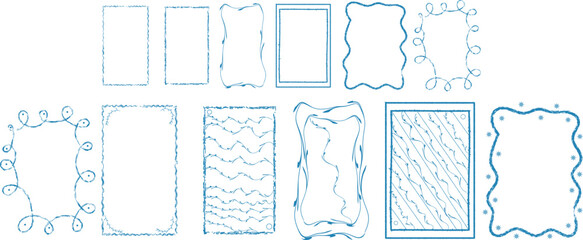 Collection Of Blue Decorative Frames In Various Styles With Artistic Textured Edges On Transparent Backgrounds Perfect For Design Projects