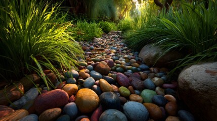 Serene, ground-level photograph of a tranquil dry creek bed landscaped with smooth river stones and lined with lush green grasses and plants.