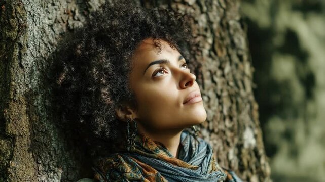 Serene Contemplation: A woman with curly hair leans against a large tree, her gaze lifted upwards, seemingly lost in quiet contemplation and bathed in the soft glow of natural light.