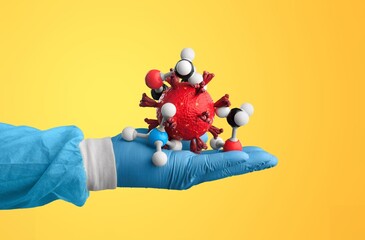 COVID  vaccine vial for prevention, doctor hand with virus molecule