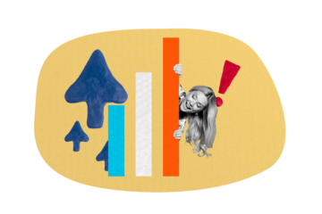 Composite photo collage of happy girl peek chart statistics arrow cursor exclamation mark progress aim isolated on painted background