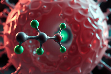 PFAS molecule interacts with a human cell. Micrograph visualization