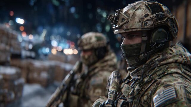 Close-up of soldiers fine-tuning helmets and communication gear amidst packed crates, enhanced by ambient aircraft lighting.