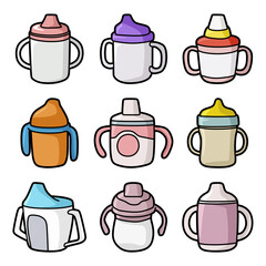 collection of cute baby sippy cups and bottles