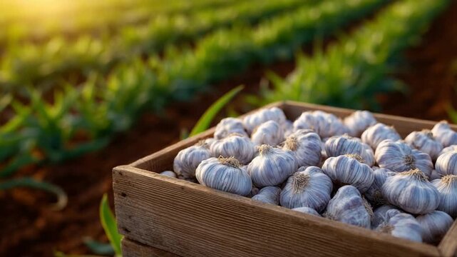 Neatly arranged garlic bulbs in a wooden crate on a rustic farm table, set against a backdrop of blurred crops and golden sunlight.