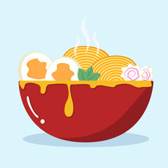 Red Ramen Bowl with Egg and Narutomaki, Broth Dripping on Bowl Edge