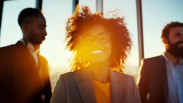 Joyful female executive beaming brightly amidst sun-drenched corporate setting, flanked by indistinct colleagues