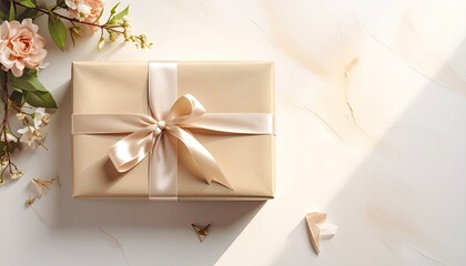 Beige Gift Box with Satin Ribbon on a White Surface and Floral Decoration in Soft Light