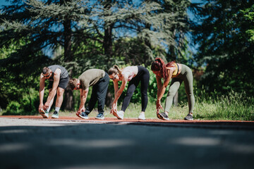 A diverse group of people perform stretches in a verdant park surrounded by trees. Capturing...