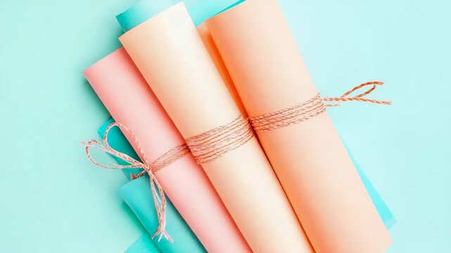 Softly rolled pastel paper scrolls tied with rustic twine, arranged elegantly on serene mint background, evoking gentle creativity and understated charm