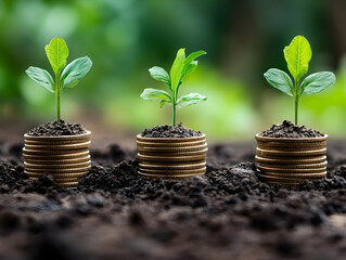 Growing plants on stacks of coins in a lush green environment, symbolizing investment and sustainability in nature
