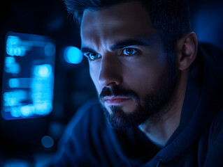 Intense focus of a young man with a beard in a dark room, illuminated by blue computer screens, working on coding