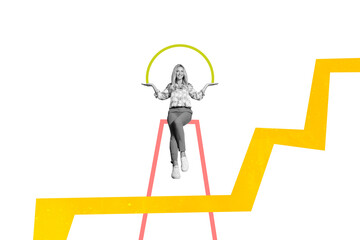 Composite trend artwork  sketch image photo collage of miniature young woman work emoji face smile sit chair hand hold line showing