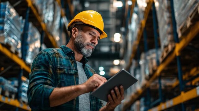 Warehouse Worker with Tablet: A focused warehouse worker, donning a yellow hard hat, meticulously reviews inventory data on a digital tablet amidst rows of stocked shelves.