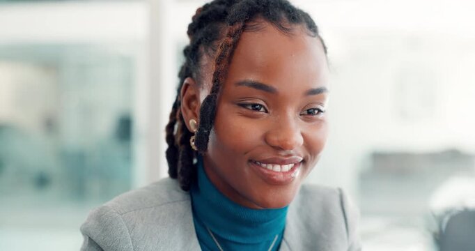 Thinking, happy and woman with laptop, office and proofreading draft for publication and journalism. Creative, reflection and black person with tech for story, reporter and plan for news on website