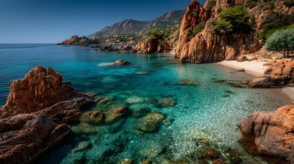 Fototapeta premium Stunning, travel-style photo of a secluded Mediterranean cove with clear turquoise water, reddish-brown rock formations and a pristine beach.