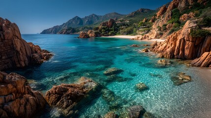 Obraz premium Stunning, travel-style photo of a secluded Mediterranean cove with clear turquoise water, reddish-brown rock formations and a pristine beach.