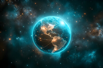 A stunning digital representation of Earth in space, showcasing glowing connections and a cosmic background