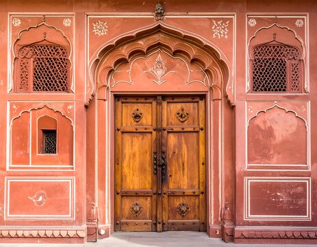 Ornate wooden door in a rose-colored building, detailed with arches and carvings