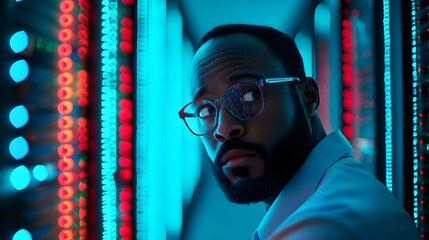 A focused man in glasses looks back while standing in a high-tech data center illuminated by colorful LED lights